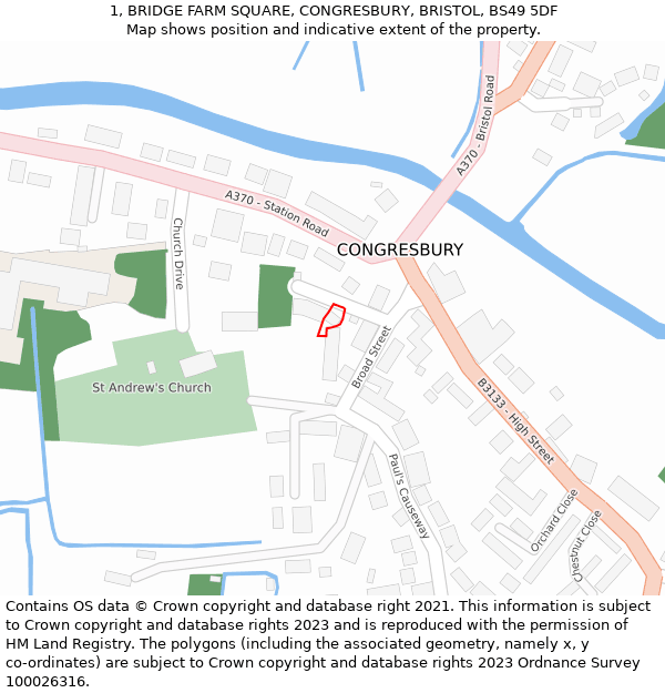 1, BRIDGE FARM SQUARE, CONGRESBURY, BRISTOL, BS49 5DF: Location map and indicative extent of plot