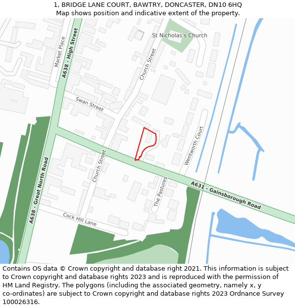 1, BRIDGE LANE COURT, BAWTRY, DONCASTER, DN10 6HQ: Location map and indicative extent of plot