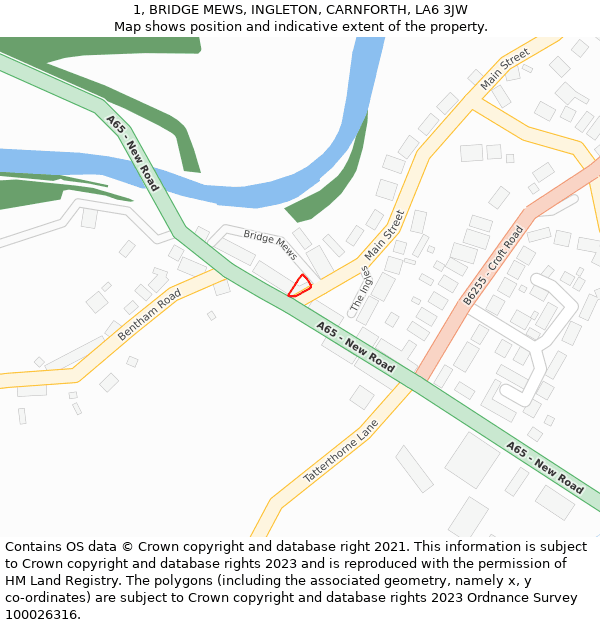 1, BRIDGE MEWS, INGLETON, CARNFORTH, LA6 3JW: Location map and indicative extent of plot