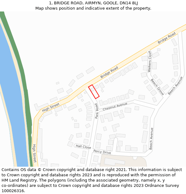 1, BRIDGE ROAD, AIRMYN, GOOLE, DN14 8LJ: Location map and indicative extent of plot