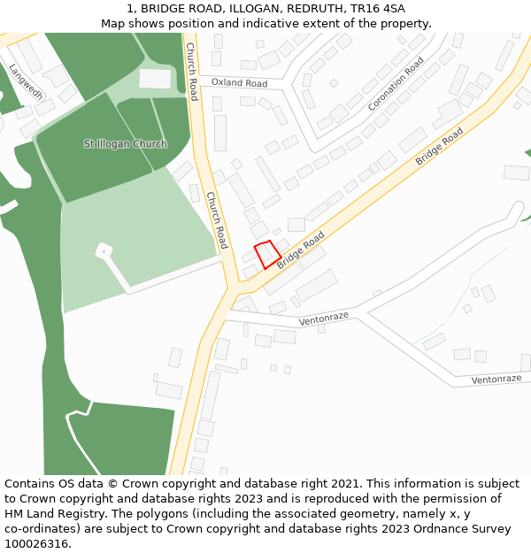 1, BRIDGE ROAD, ILLOGAN, REDRUTH, TR16 4SA: Location map and indicative extent of plot
