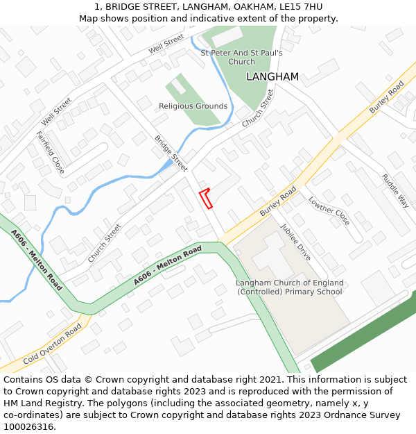 1, BRIDGE STREET, LANGHAM, OAKHAM, LE15 7HU: Location map and indicative extent of plot