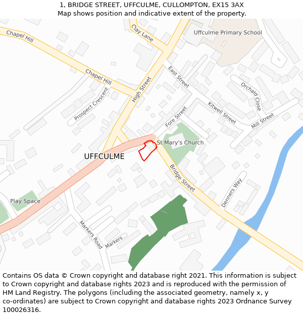 1, BRIDGE STREET, UFFCULME, CULLOMPTON, EX15 3AX: Location map and indicative extent of plot