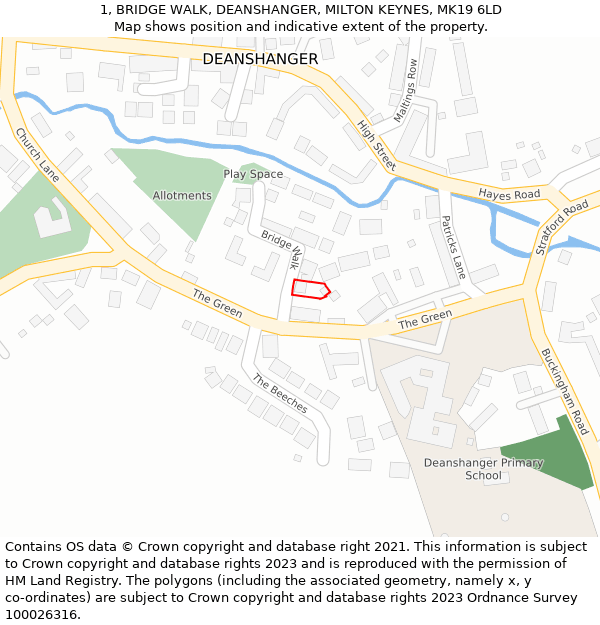 1, BRIDGE WALK, DEANSHANGER, MILTON KEYNES, MK19 6LD: Location map and indicative extent of plot