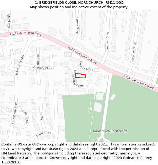 1, BRIDGEFIELDS CLOSE, HORNCHURCH, RM11 1GQ: Location map and indicative extent of plot