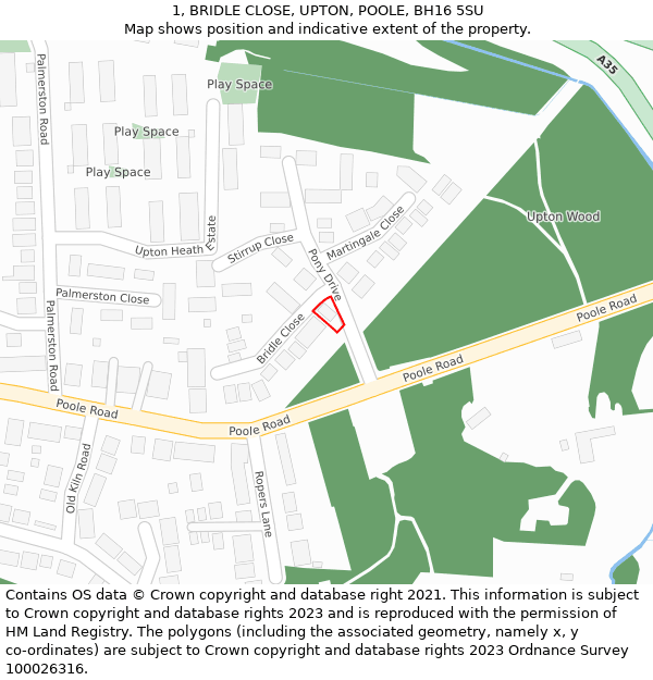 1, BRIDLE CLOSE, UPTON, POOLE, BH16 5SU: Location map and indicative extent of plot