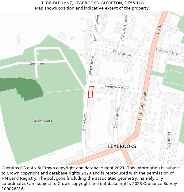 1, BRIDLE LANE, LEABROOKS, ALFRETON, DE55 1LG: Location map and indicative extent of plot