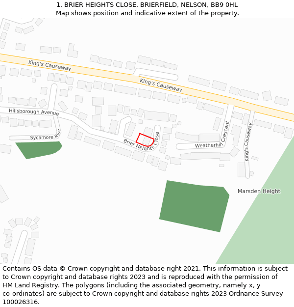 1, BRIER HEIGHTS CLOSE, BRIERFIELD, NELSON, BB9 0HL: Location map and indicative extent of plot