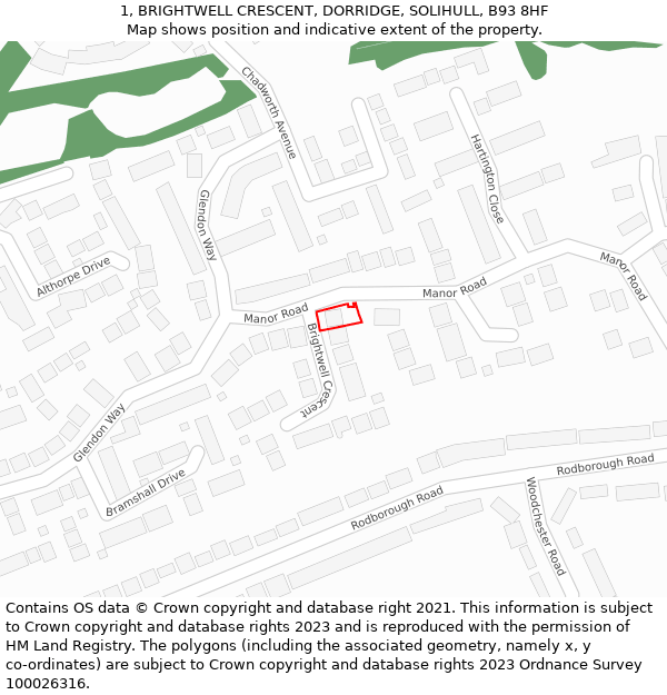 1, BRIGHTWELL CRESCENT, DORRIDGE, SOLIHULL, B93 8HF: Location map and indicative extent of plot