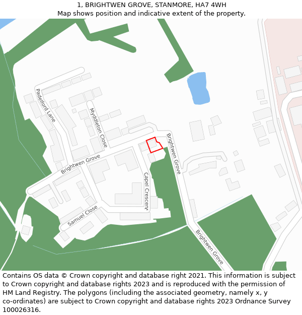 1, BRIGHTWEN GROVE, STANMORE, HA7 4WH: Location map and indicative extent of plot