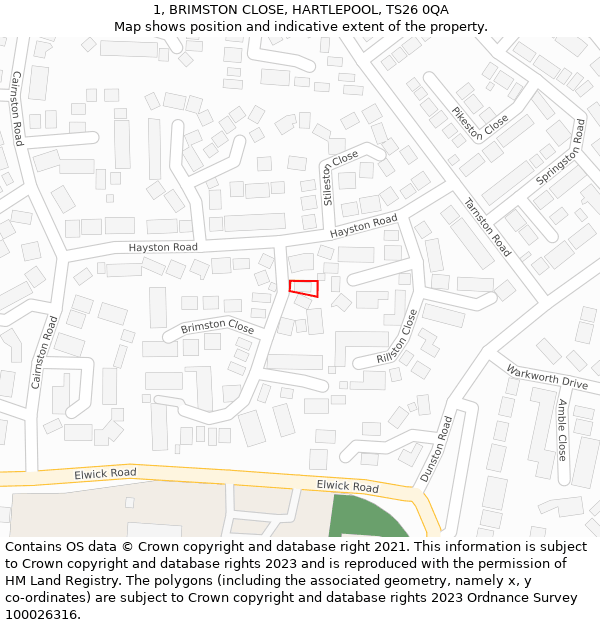 1, BRIMSTON CLOSE, HARTLEPOOL, TS26 0QA: Location map and indicative extent of plot