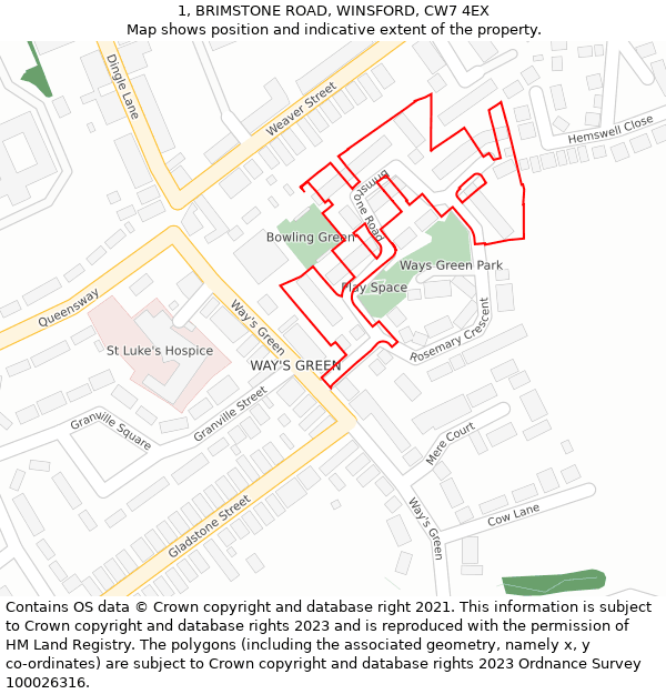 1, BRIMSTONE ROAD, WINSFORD, CW7 4EX: Location map and indicative extent of plot