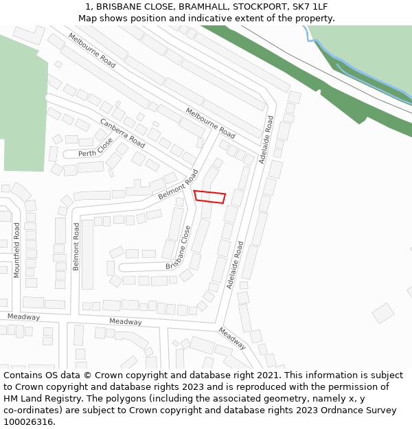 1, BRISBANE CLOSE, BRAMHALL, STOCKPORT, SK7 1LF: Location map and indicative extent of plot