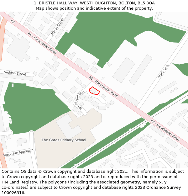 1, BRISTLE HALL WAY, WESTHOUGHTON, BOLTON, BL5 3QA: Location map and indicative extent of plot