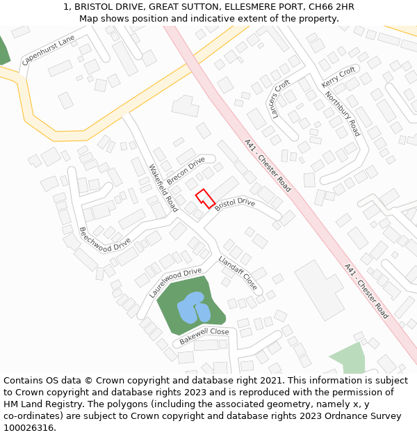 1, BRISTOL DRIVE, GREAT SUTTON, ELLESMERE PORT, CH66 2HR: Location map and indicative extent of plot