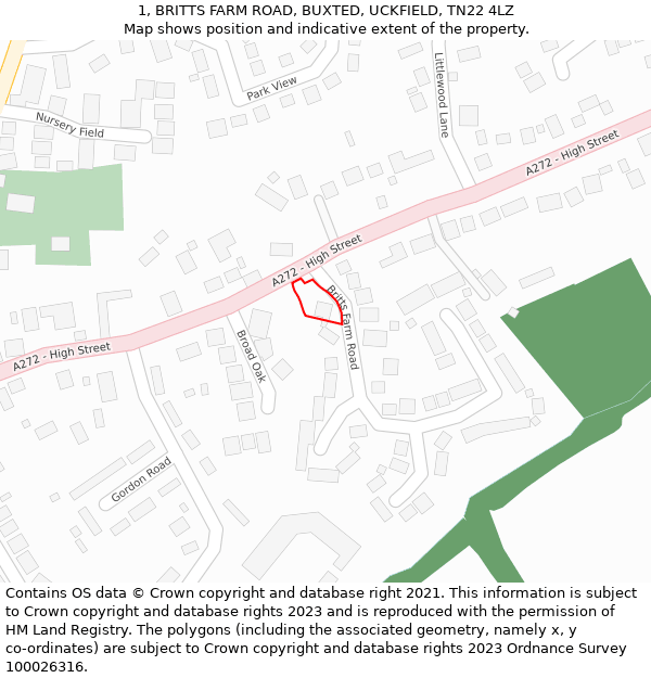 1, BRITTS FARM ROAD, BUXTED, UCKFIELD, TN22 4LZ: Location map and indicative extent of plot