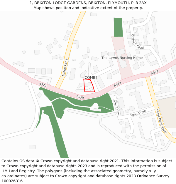 1, BRIXTON LODGE GARDENS, BRIXTON, PLYMOUTH, PL8 2AX: Location map and indicative extent of plot