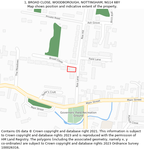 1, BROAD CLOSE, WOODBOROUGH, NOTTINGHAM, NG14 6BY: Location map and indicative extent of plot