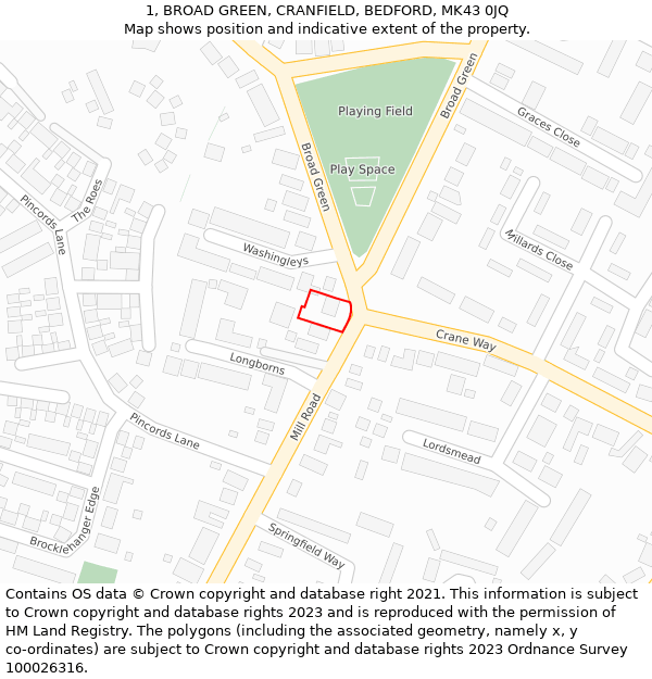 1, BROAD GREEN, CRANFIELD, BEDFORD, MK43 0JQ: Location map and indicative extent of plot
