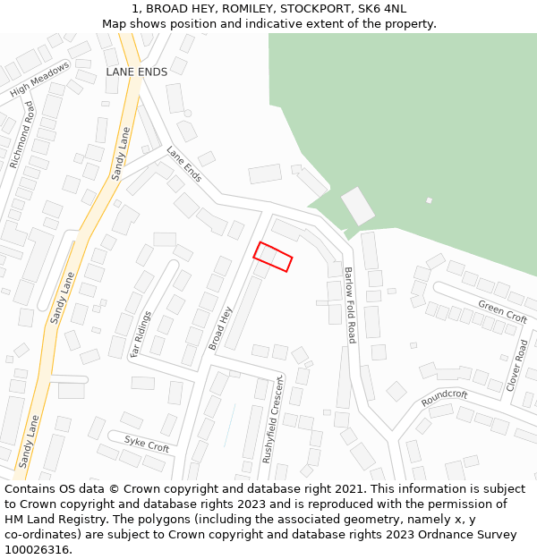 1, BROAD HEY, ROMILEY, STOCKPORT, SK6 4NL: Location map and indicative extent of plot