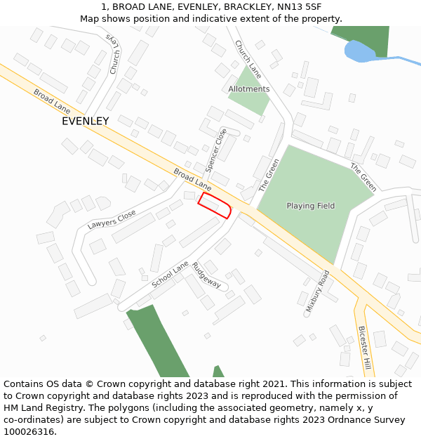 1, BROAD LANE, EVENLEY, BRACKLEY, NN13 5SF: Location map and indicative extent of plot