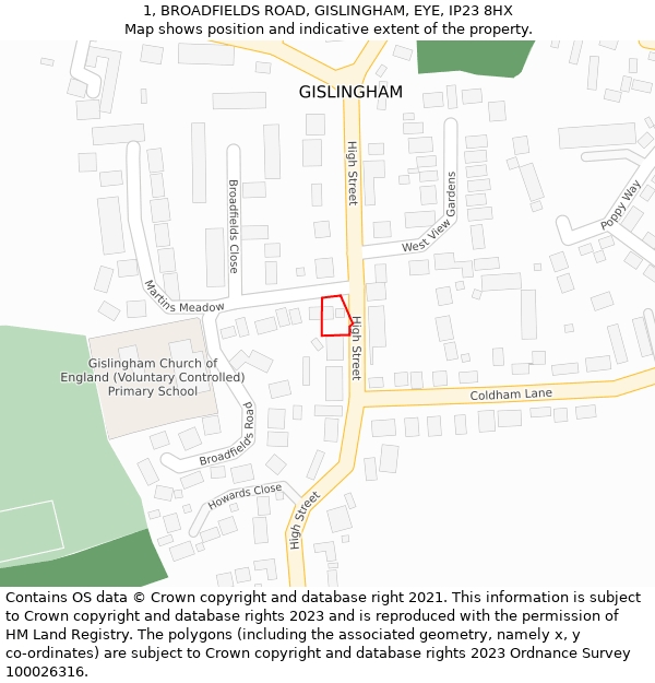 1, BROADFIELDS ROAD, GISLINGHAM, EYE, IP23 8HX: Location map and indicative extent of plot