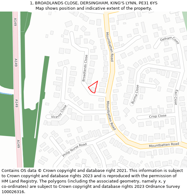 1, BROADLANDS CLOSE, DERSINGHAM, KING'S LYNN, PE31 6YS: Location map and indicative extent of plot