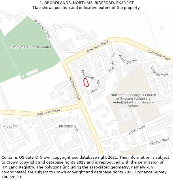 1, BROADLANDS, NORTHAM, BIDEFORD, EX39 1ST: Location map and indicative extent of plot