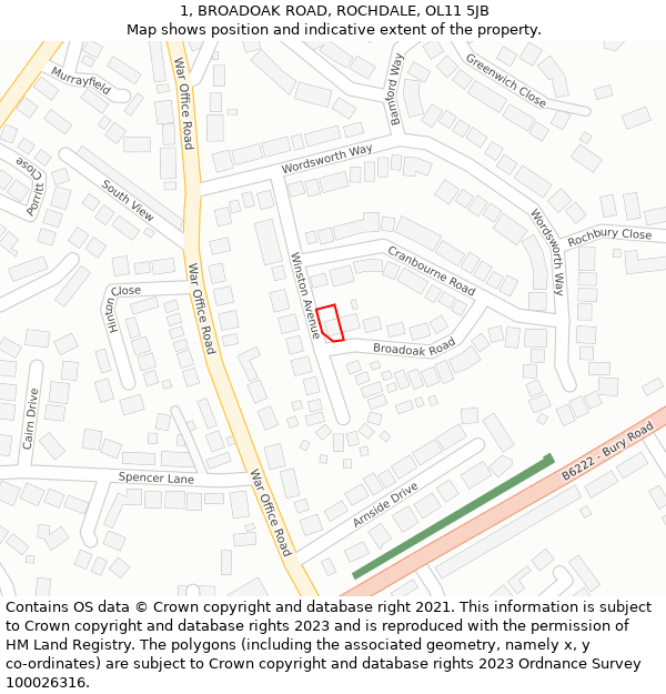 1, BROADOAK ROAD, ROCHDALE, OL11 5JB: Location map and indicative extent of plot