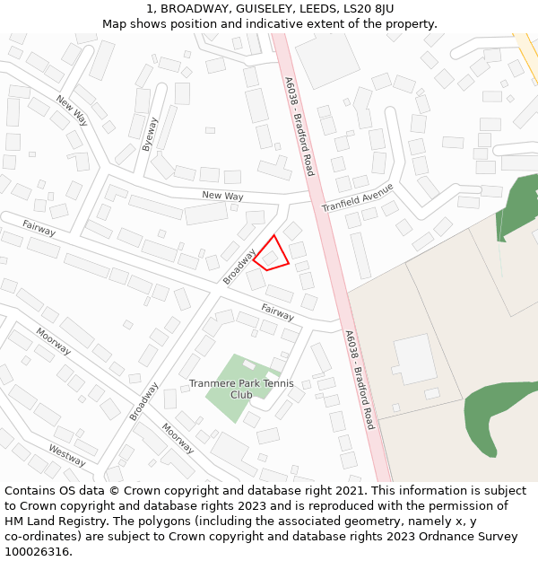 1, BROADWAY, GUISELEY, LEEDS, LS20 8JU: Location map and indicative extent of plot