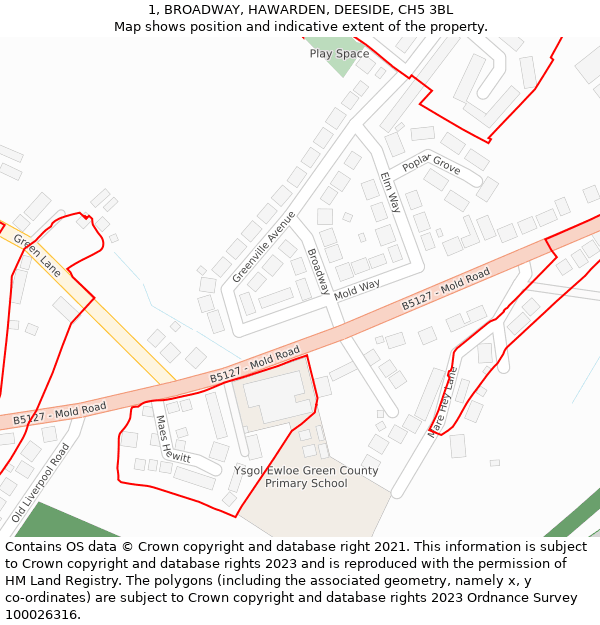 1, BROADWAY, HAWARDEN, DEESIDE, CH5 3BL: Location map and indicative extent of plot