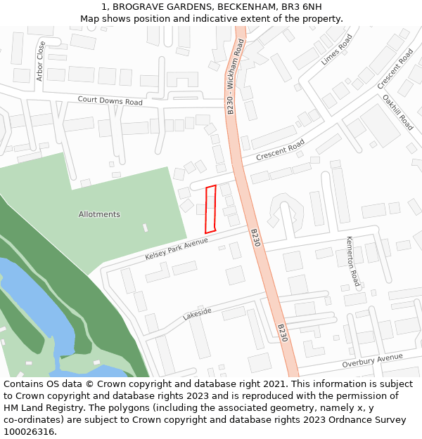 1, BROGRAVE GARDENS, BECKENHAM, BR3 6NH: Location map and indicative extent of plot