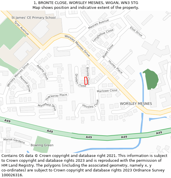 1, BRONTE CLOSE, WORSLEY MESNES, WIGAN, WN3 5TG: Location map and indicative extent of plot