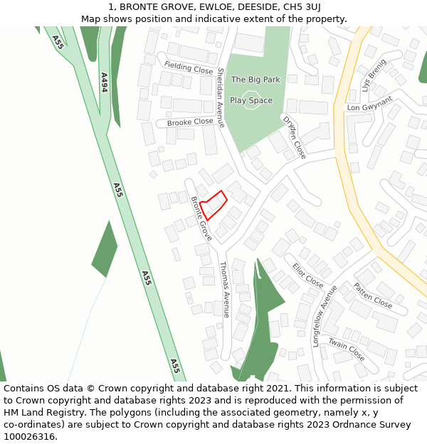 1, BRONTE GROVE, EWLOE, DEESIDE, CH5 3UJ: Location map and indicative extent of plot