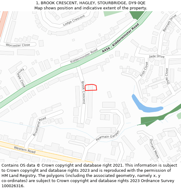 1, BROOK CRESCENT, HAGLEY, STOURBRIDGE, DY9 0QE: Location map and indicative extent of plot