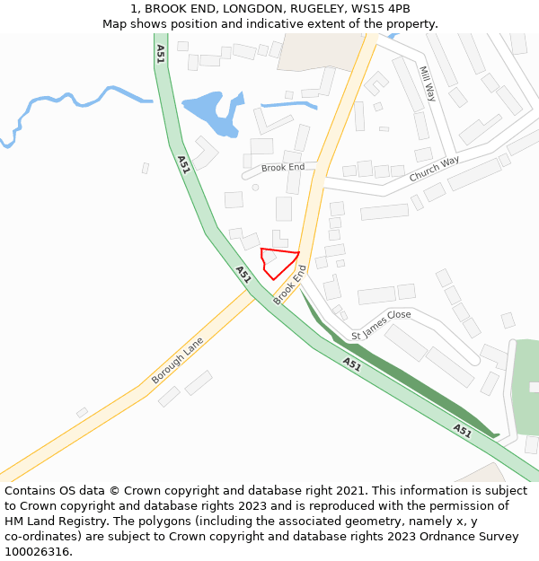 1, BROOK END, LONGDON, RUGELEY, WS15 4PB: Location map and indicative extent of plot