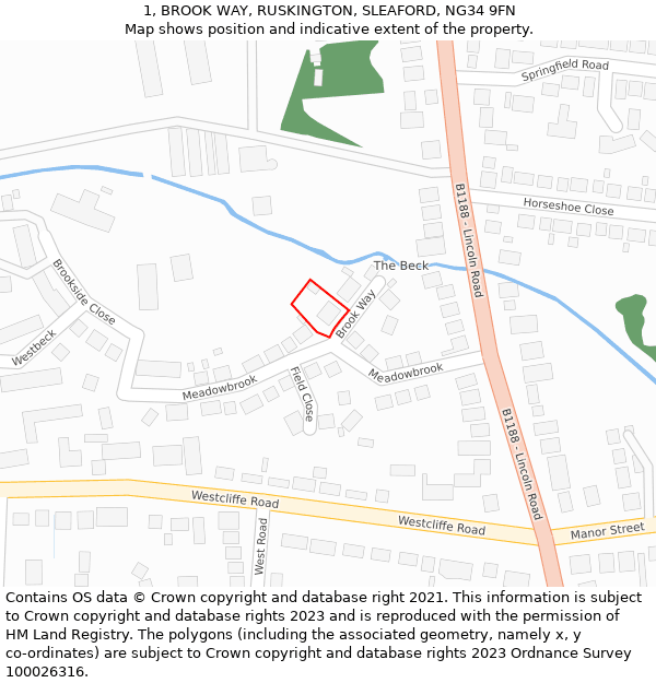 1, BROOK WAY, RUSKINGTON, SLEAFORD, NG34 9FN: Location map and indicative extent of plot