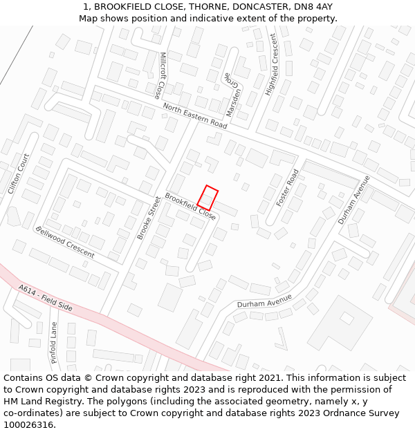 1, BROOKFIELD CLOSE, THORNE, DONCASTER, DN8 4AY: Location map and indicative extent of plot