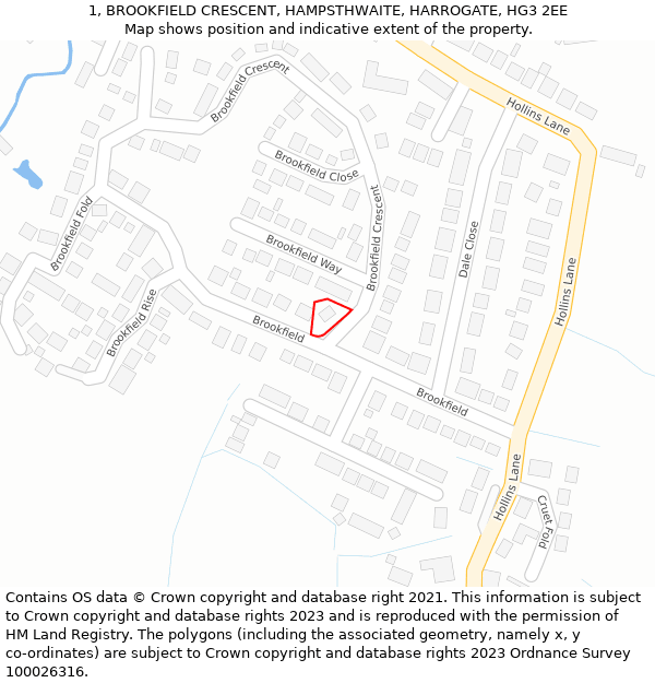 1, BROOKFIELD CRESCENT, HAMPSTHWAITE, HARROGATE, HG3 2EE: Location map and indicative extent of plot