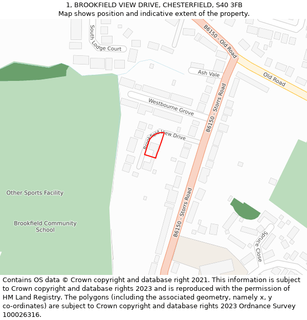 1, BROOKFIELD VIEW DRIVE, CHESTERFIELD, S40 3FB: Location map and indicative extent of plot