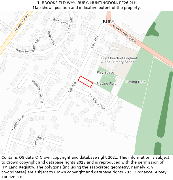1, BROOKFIELD WAY, BURY, HUNTINGDON, PE26 2LH: Location map and indicative extent of plot