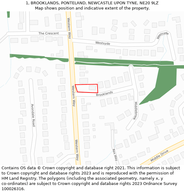 1, BROOKLANDS, PONTELAND, NEWCASTLE UPON TYNE, NE20 9LZ: Location map and indicative extent of plot