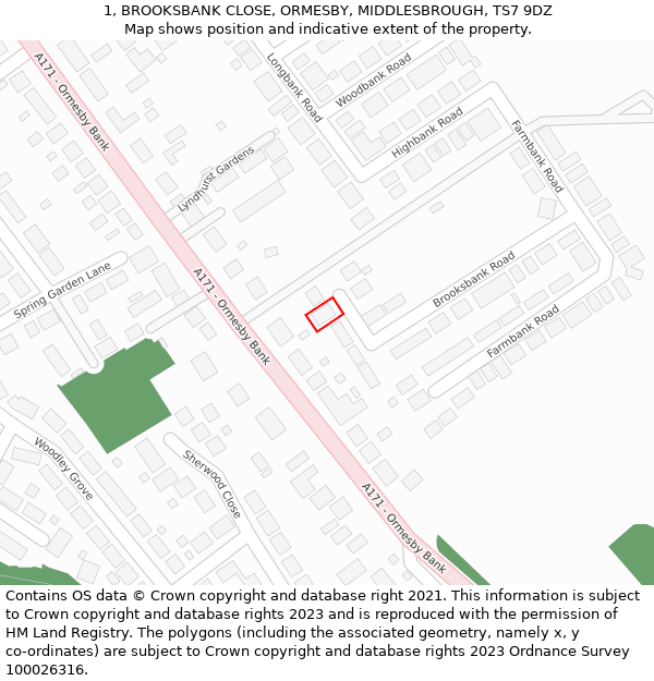 1, BROOKSBANK CLOSE, ORMESBY, MIDDLESBROUGH, TS7 9DZ: Location map and indicative extent of plot