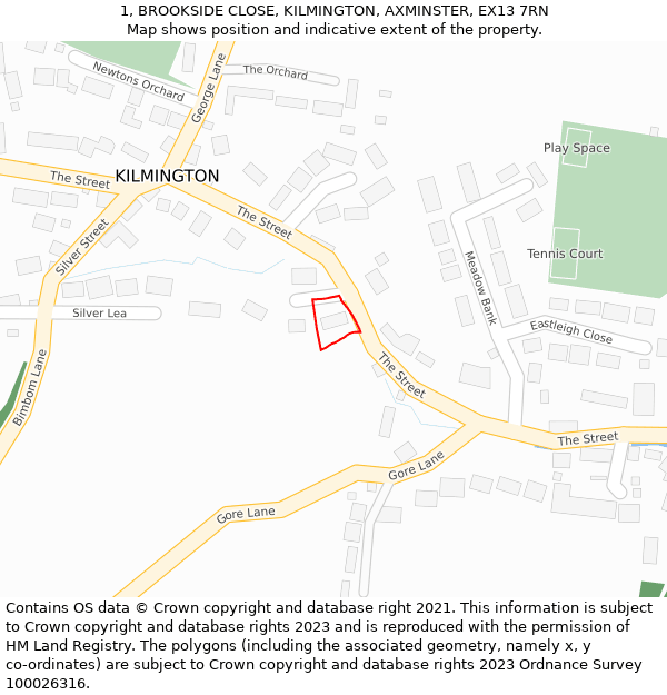 1, BROOKSIDE CLOSE, KILMINGTON, AXMINSTER, EX13 7RN: Location map and indicative extent of plot