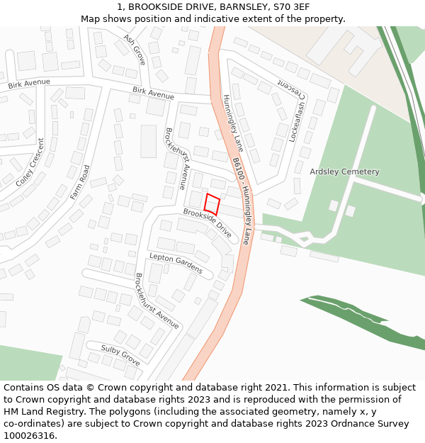 1, BROOKSIDE DRIVE, BARNSLEY, S70 3EF: Location map and indicative extent of plot