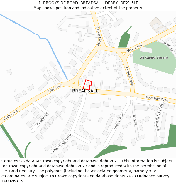 1, BROOKSIDE ROAD, BREADSALL, DERBY, DE21 5LF: Location map and indicative extent of plot