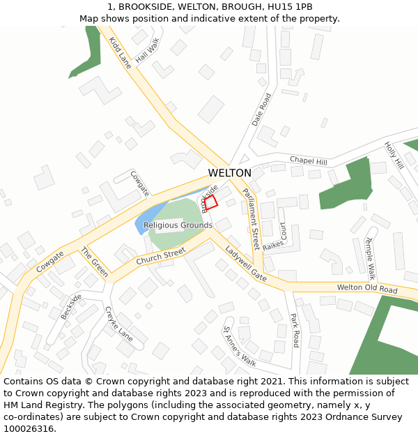 1, BROOKSIDE, WELTON, BROUGH, HU15 1PB: Location map and indicative extent of plot