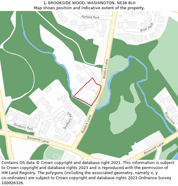 1, BROOKSIDE WOOD, WASHINGTON, NE38 8LH: Location map and indicative extent of plot
