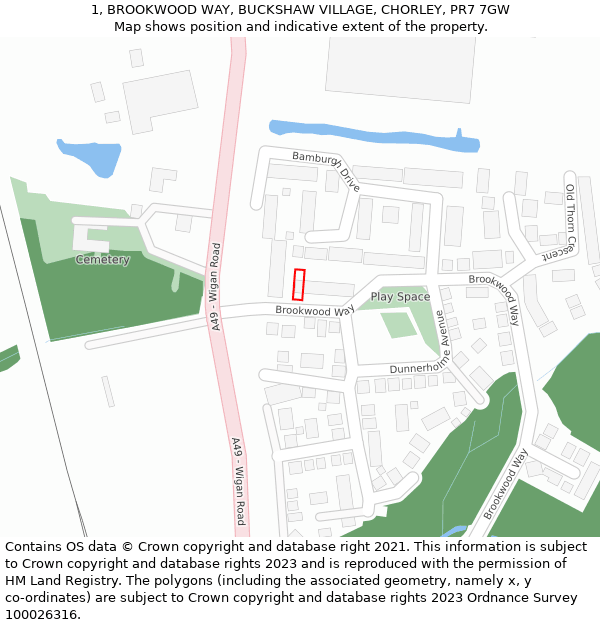 1, BROOKWOOD WAY, BUCKSHAW VILLAGE, CHORLEY, PR7 7GW: Location map and indicative extent of plot