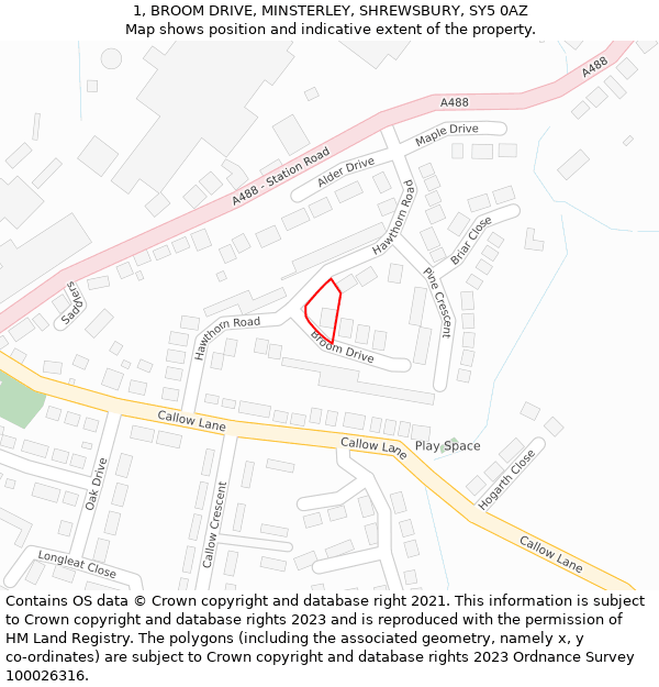 1, BROOM DRIVE, MINSTERLEY, SHREWSBURY, SY5 0AZ: Location map and indicative extent of plot